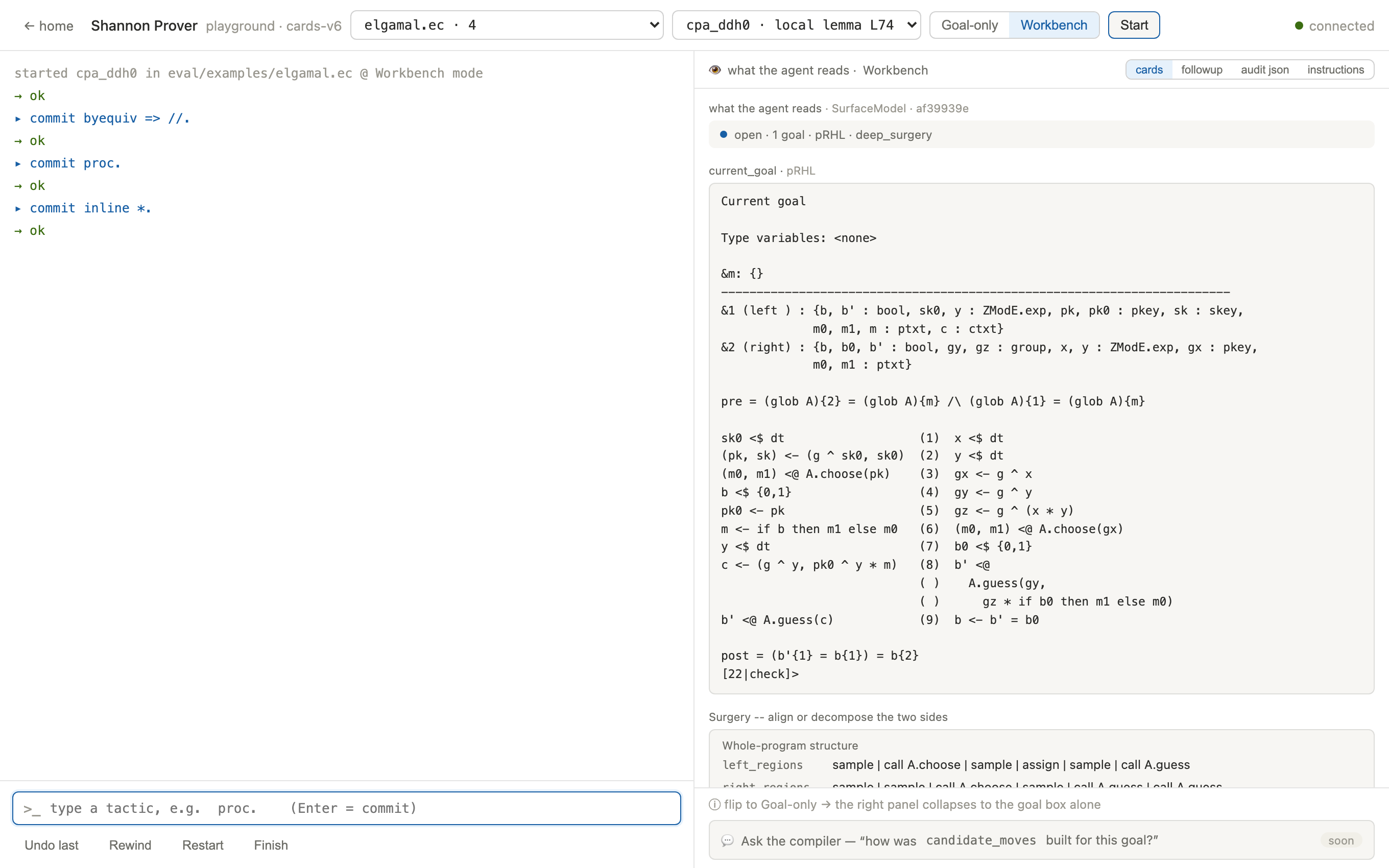 After byequiv, proc, inline: the pRHL panel lays both games side by side with numbered, aligned instructions — the ElGamal CPA game on the left, the DDH game on the right — plus a Surgery card summarizing whole-program structure