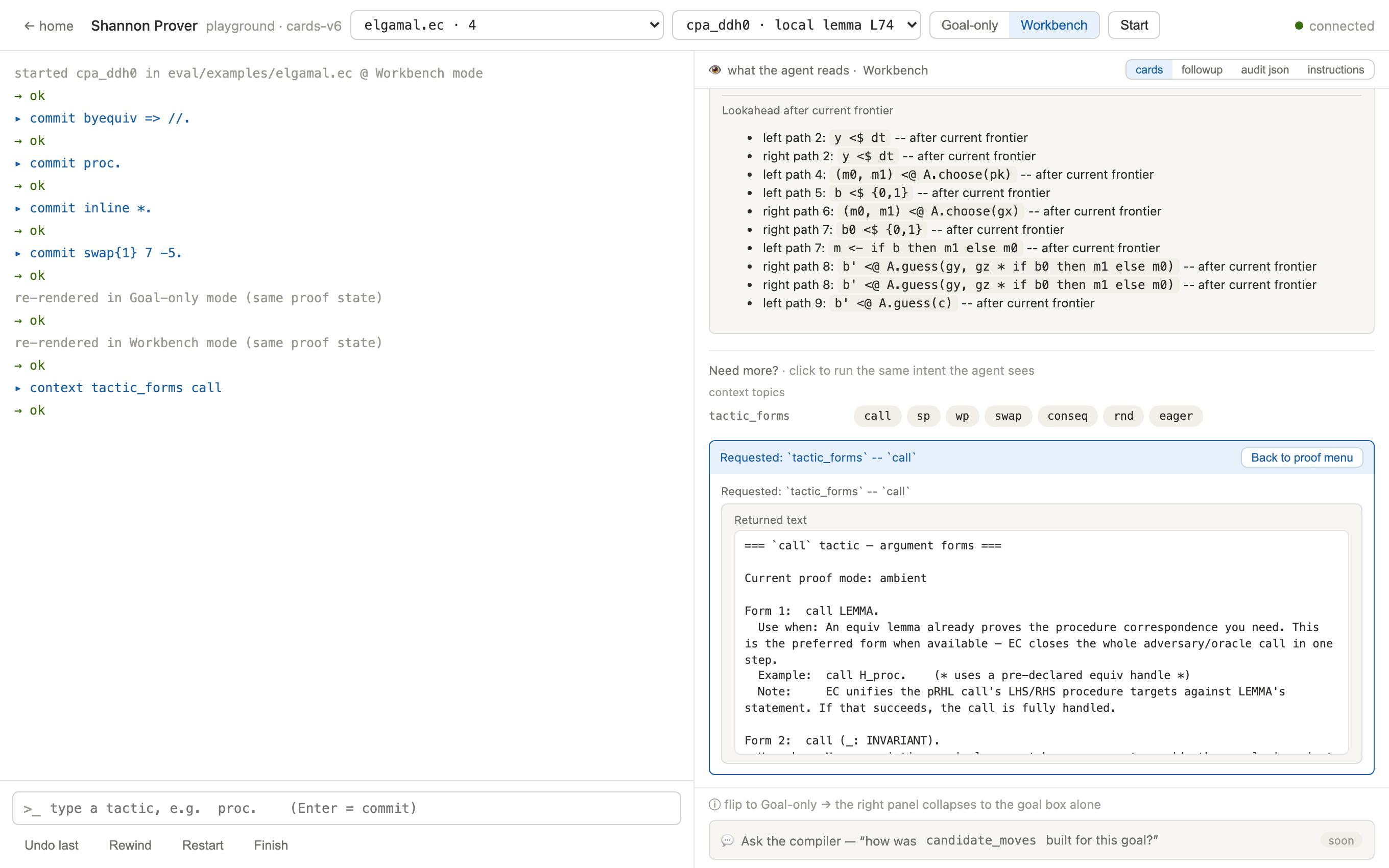 The Need more? context topics in action: clicking tactic_forms call returns the call tactic's argument forms in a panel, with a lookahead card above
