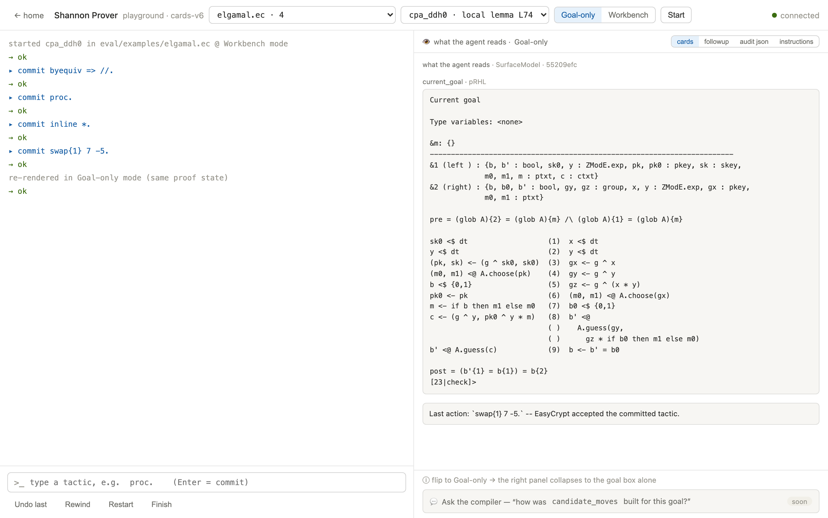The same pRHL proof state rendered in Goal-only mode: the panel collapses to just the bare EasyCrypt goal