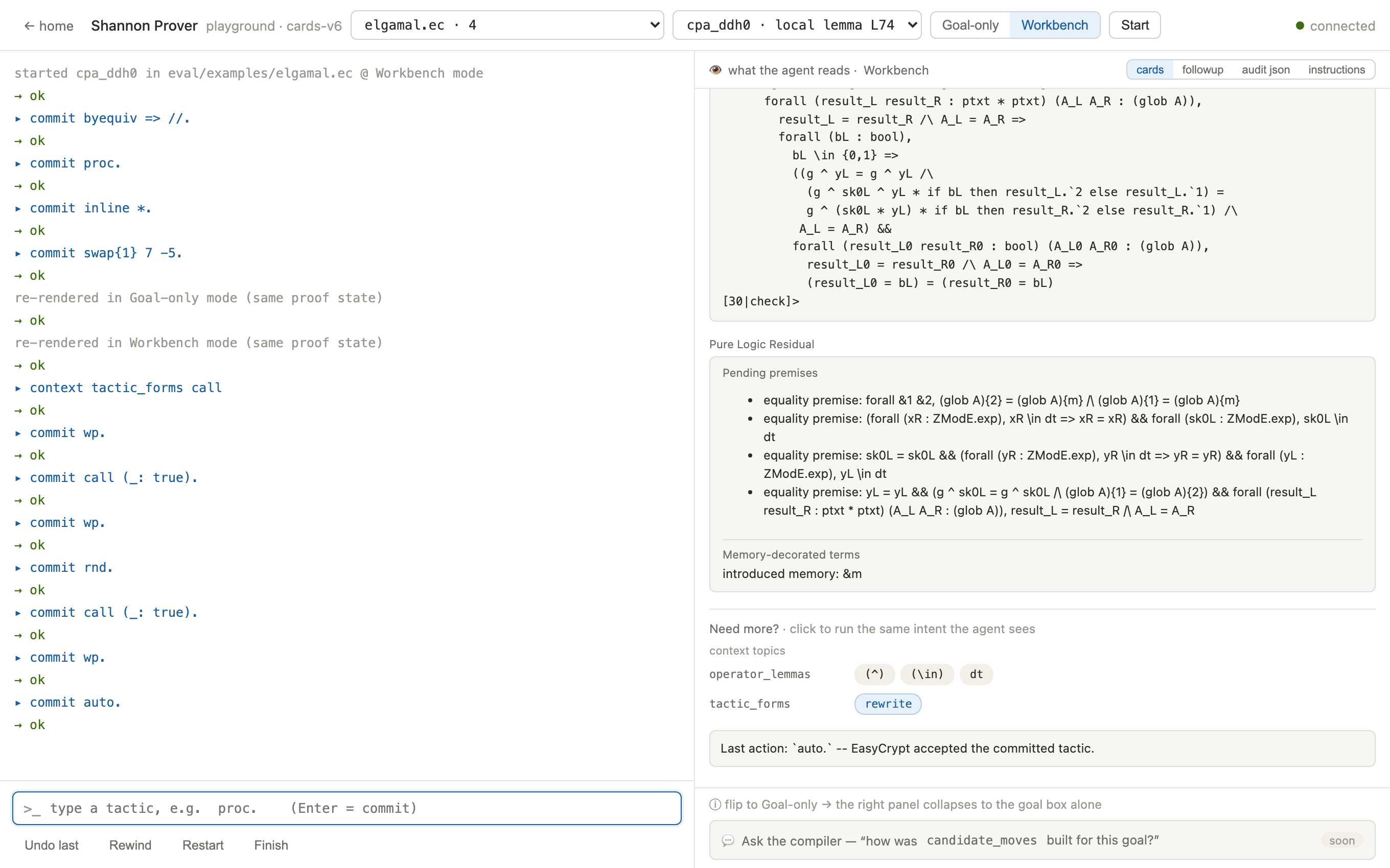 Late in the proof: the Pure Logic Residual card lists pending premises and memory-decorated terms, with operator-lemma context topics for the remaining algebra