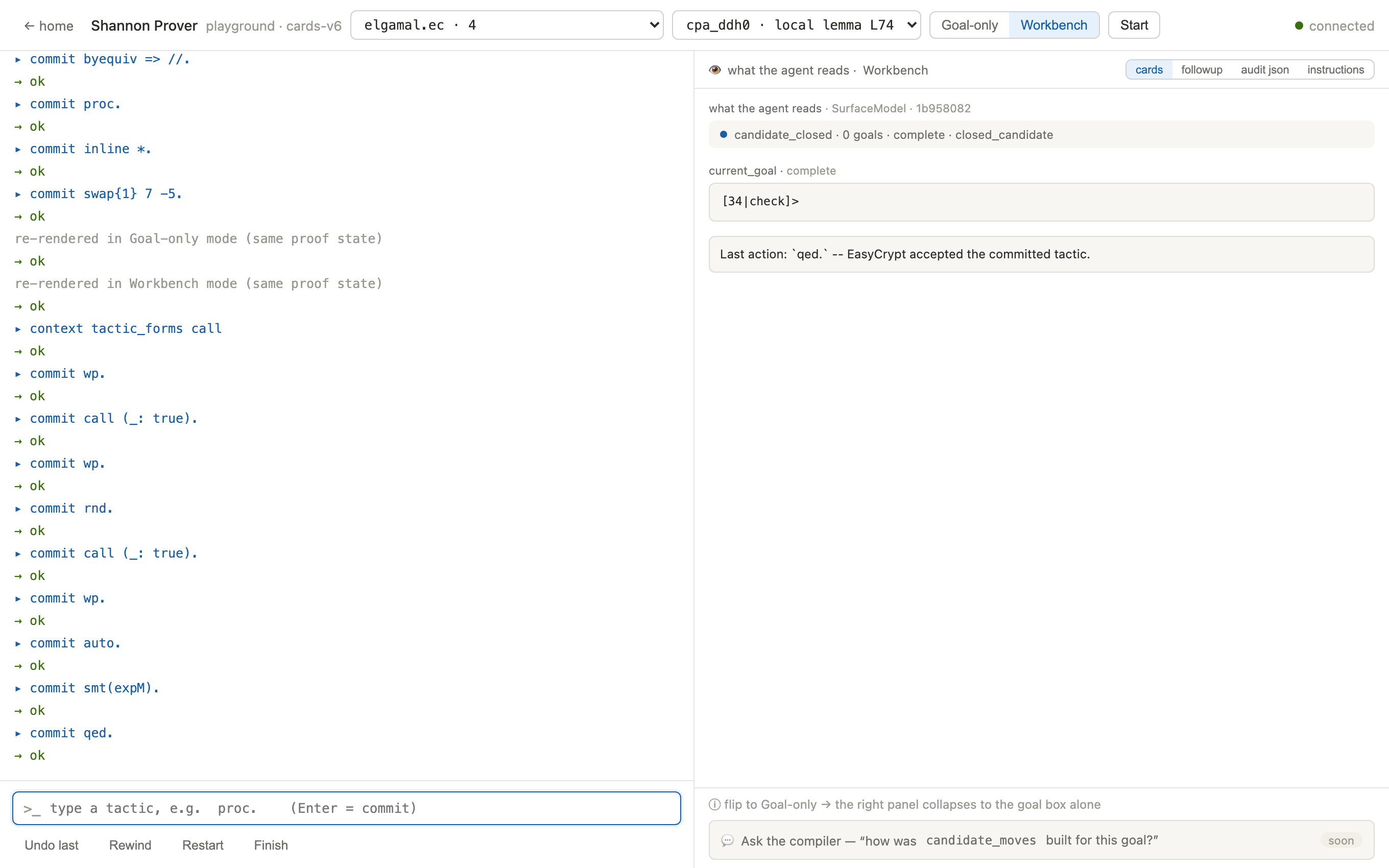 The finished session: the transcript shows the whole reduction proof and the panel reads candidate_closed, 0 goals, complete after qed